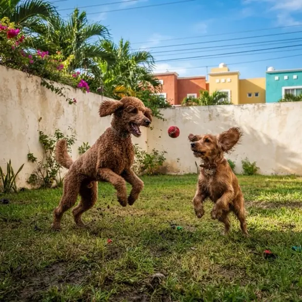 Dos perros saltando a por una pelota en el patio